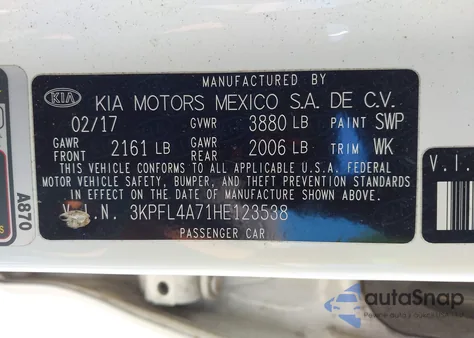 2017 Kia Forte Lx из США, поврежденный, VIN 3KPFL4A71HE123538